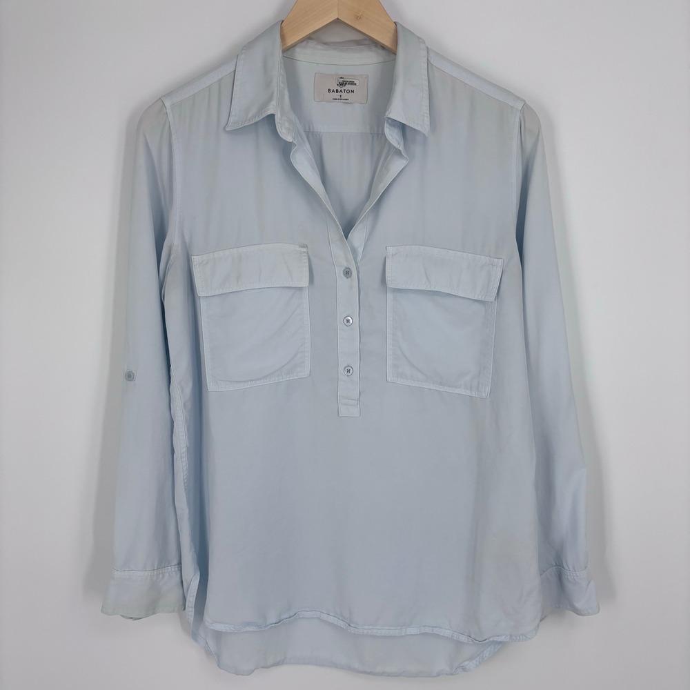 Babaton Aritzia Tencel Utility Henley Blouse Women Size S Light Blue Long Sleeve